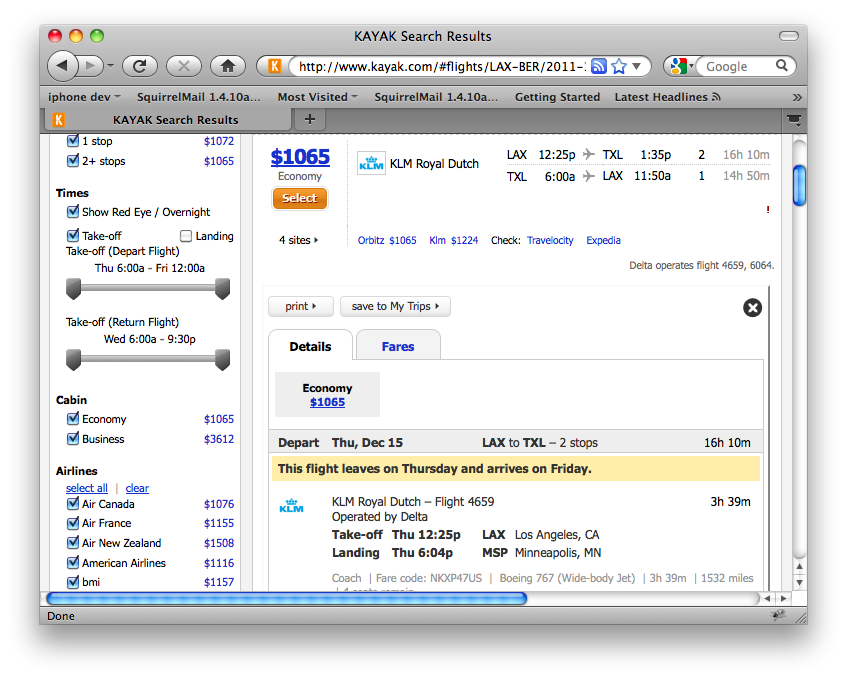 Using Kayak to find Airline Pricing